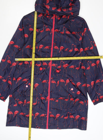 B.YOU Womens Blue Flamingo Print Hooded Rain Coat Size 12
