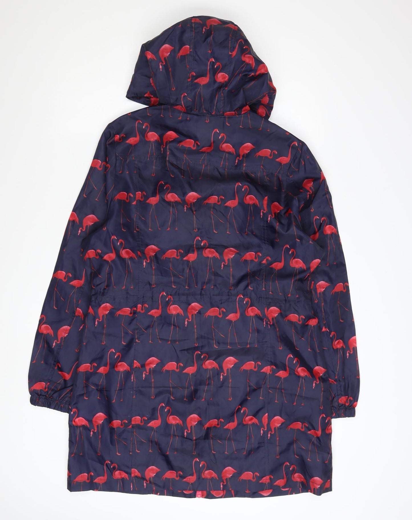 B.YOU Womens Blue Flamingo Print Hooded Rain Coat Size 12