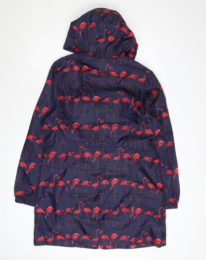 B.YOU Womens Blue Flamingo Print Hooded Rain Coat Size 12