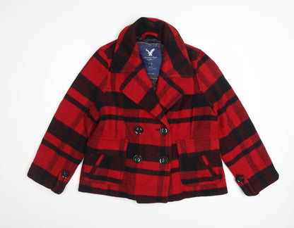 American Eagle Outfitters Women's Red Plaid Wool Blend Pea Coat XL