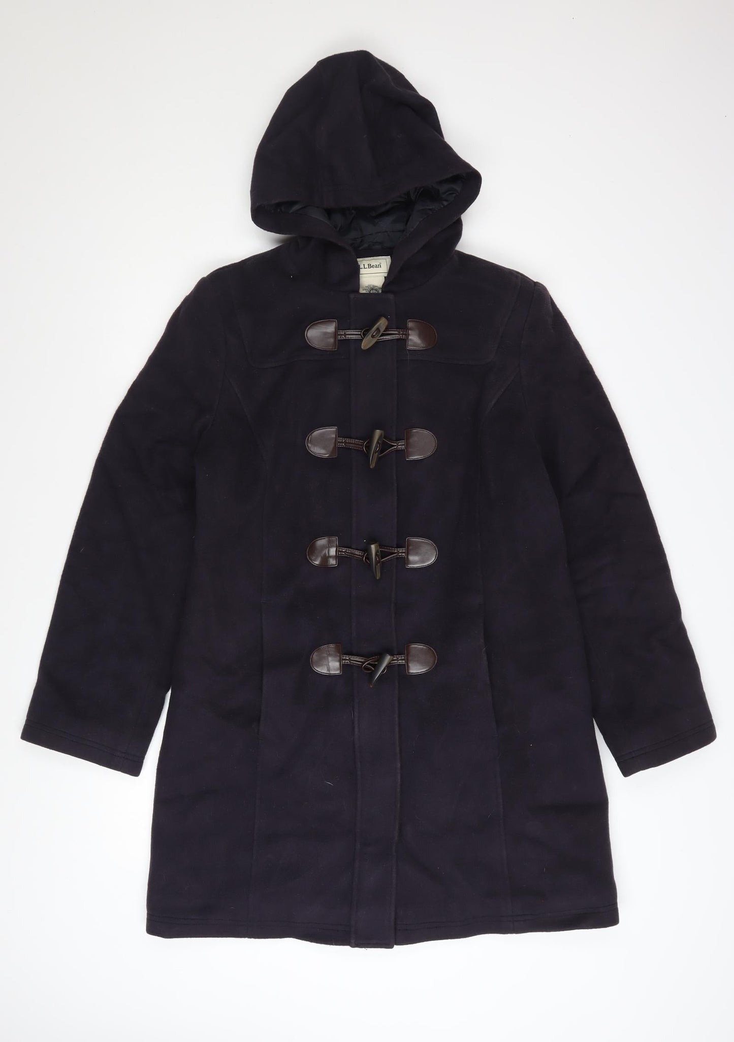 L.L. Bean Women's Black Wool Duffle Coat Size 8 Hooded Mid-Length