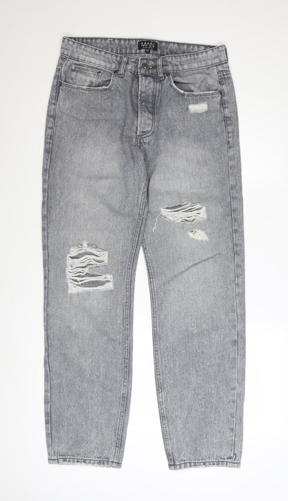 boohooMAN Men's Grey Distressed Straight Fit Jeans Size 32