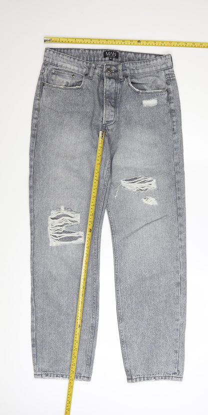boohooMAN Men's Grey Distressed Straight Fit Jeans Size 32