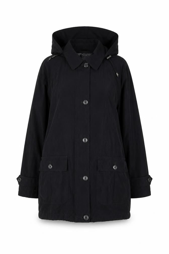 London Fog Women's Black Petite L Hooded Rain Coat Waterproof Long Jacket