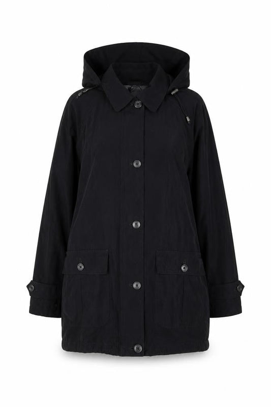 London Fog Women's Black Petite L Hooded Rain Coat Waterproof Long Jacket