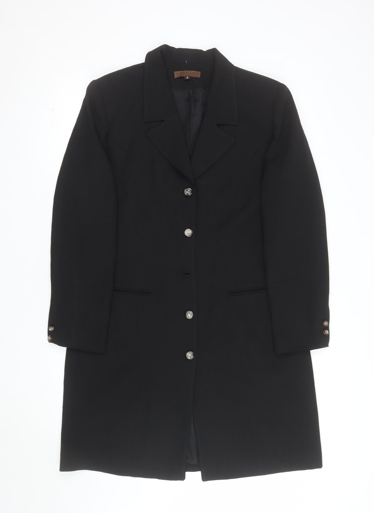 Bergamo Women’s Black Wool Long Overcoat Size 12 Classic Buttoned