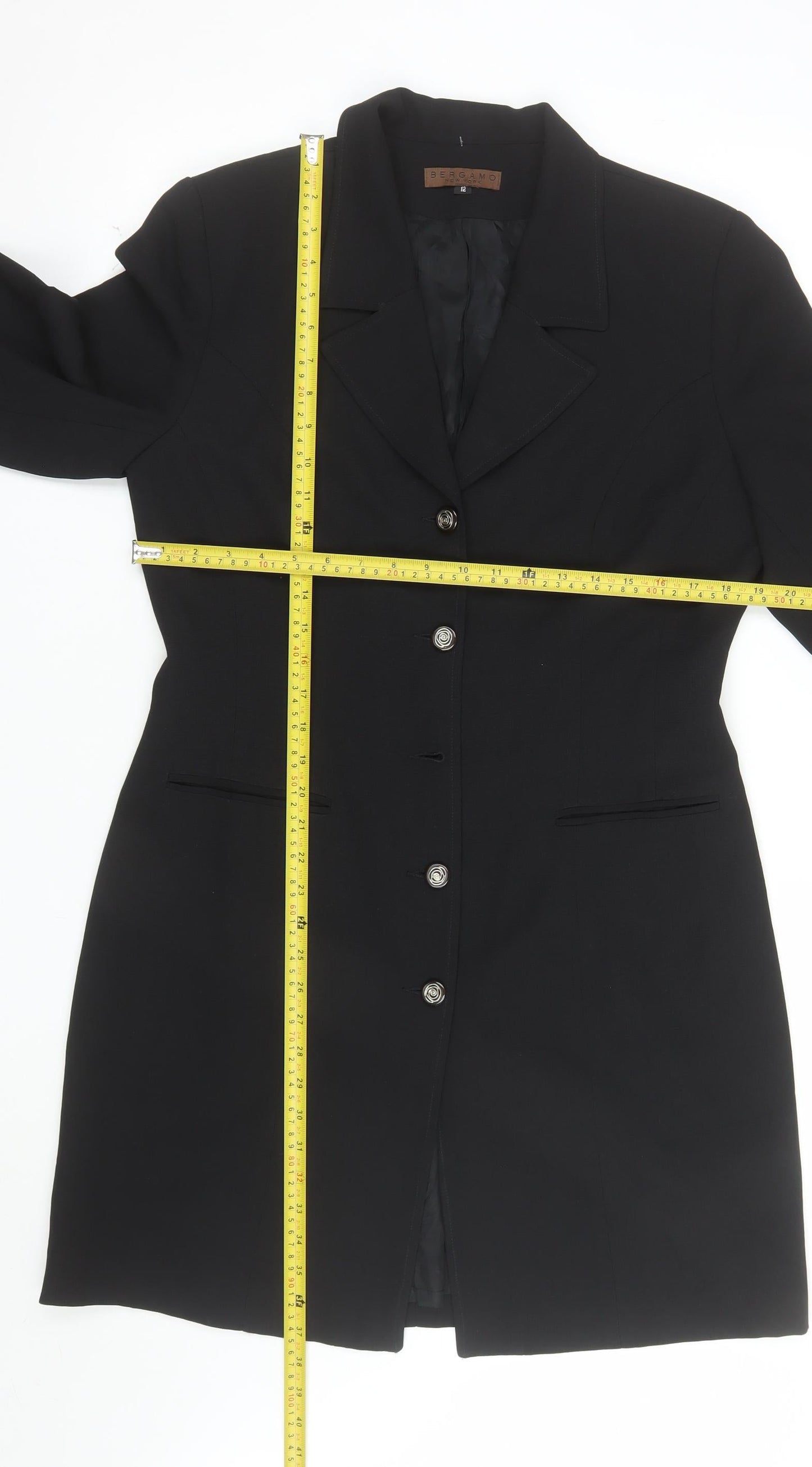 Bergamo Women’s Black Wool Long Overcoat Size 12 Classic Buttoned