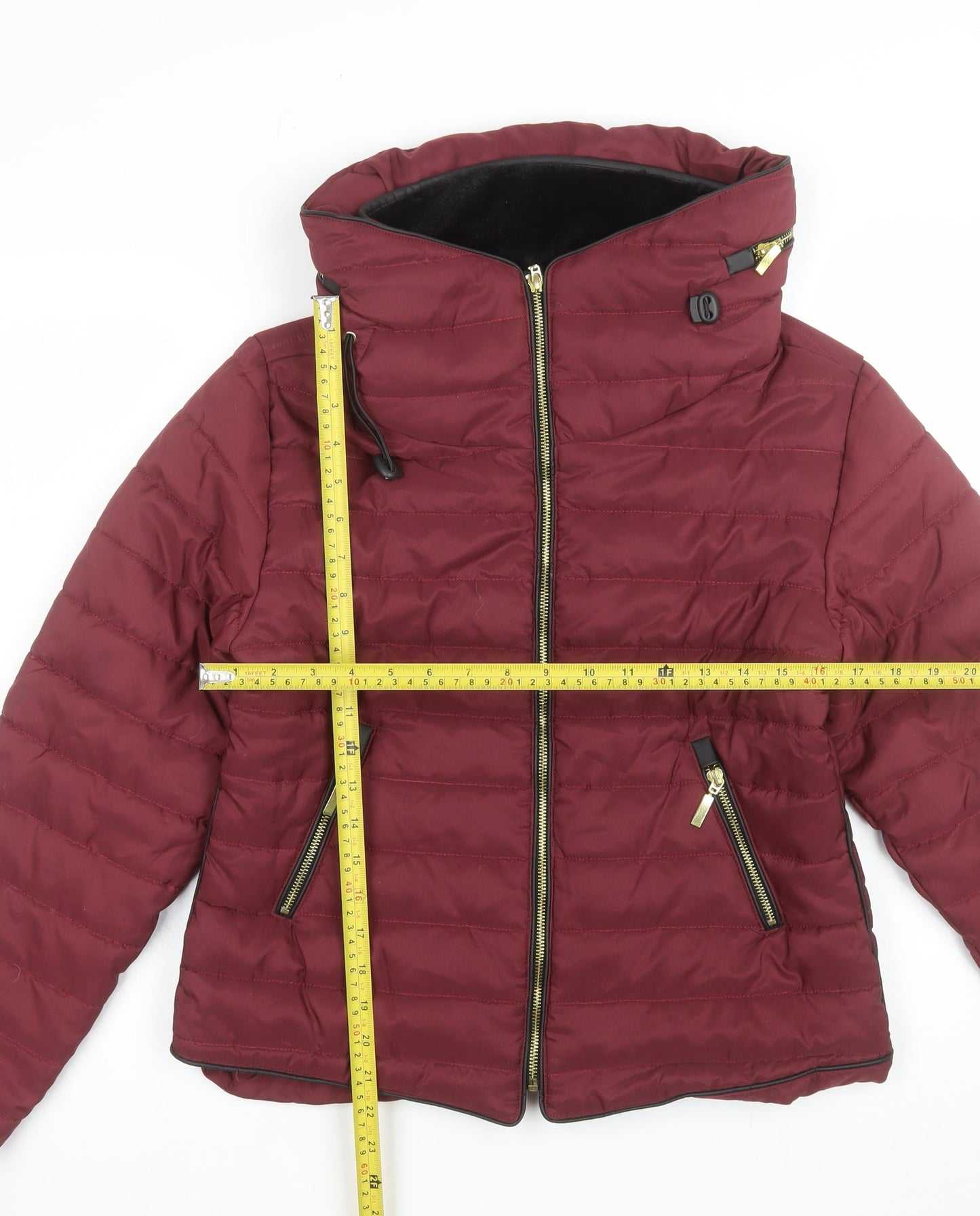 PrettyLittleThing Women's Red Puffer Jacket L Hooded Zip Winter Coat