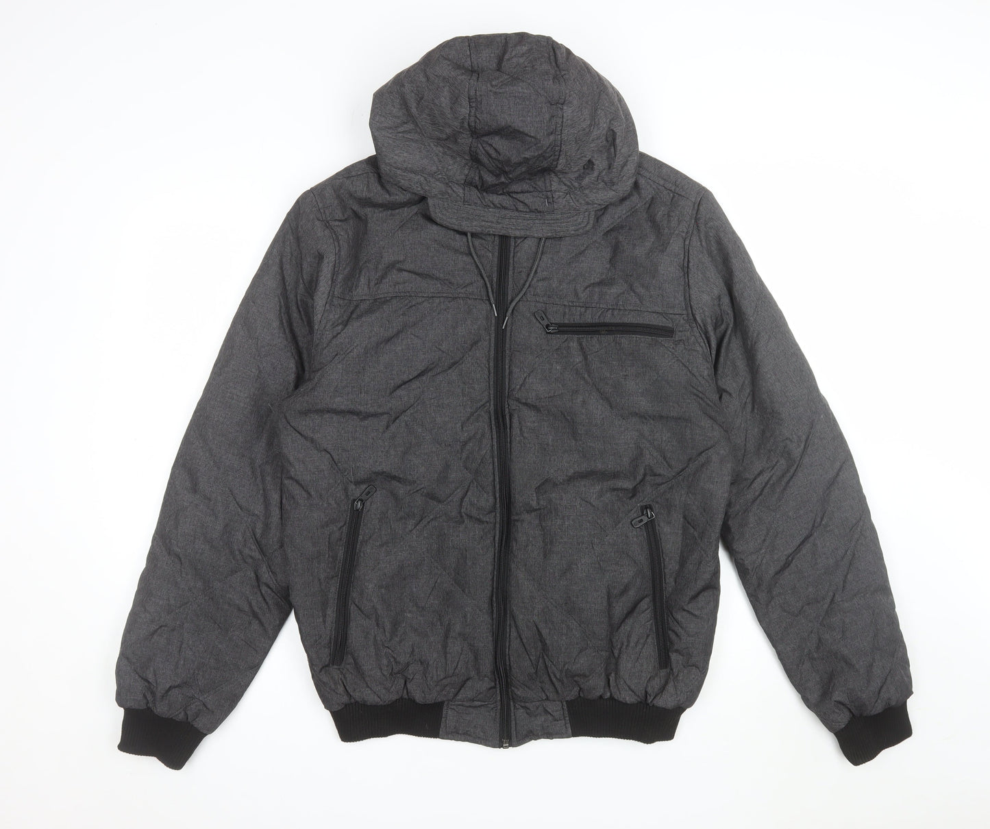 Twisted Soul Men's Grey Hooded Bomber Jacket Size L Polyester Winter