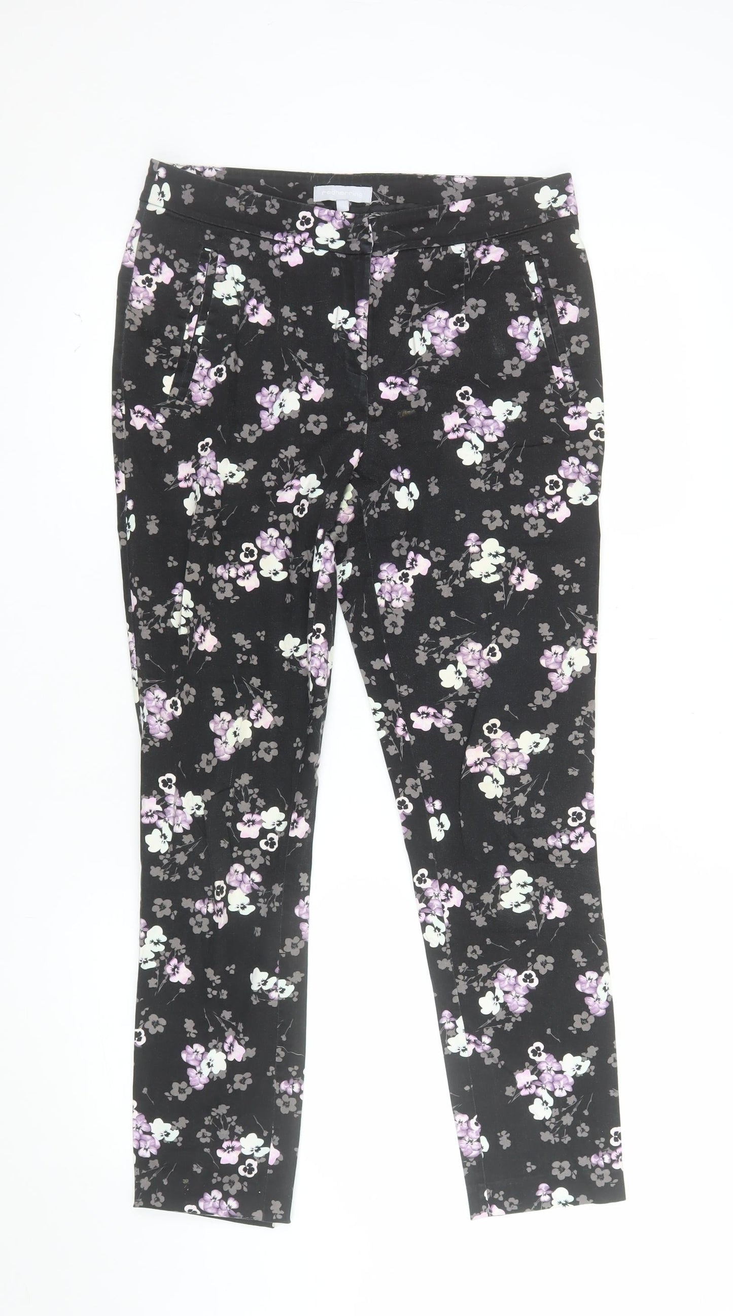 Red Herring Womens Black Floral Slim Fit Stretch Trousers Size 10
