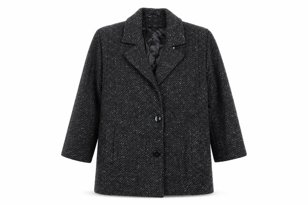 Collection Elégante Women's Black Wool Blend Herringbone Mid-Length Coat Size 12
