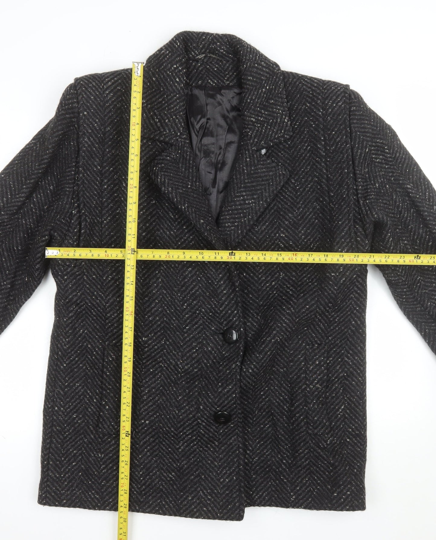 Collection Elégante Women's Black Wool Blend Herringbone Mid-Length Coat Size 12