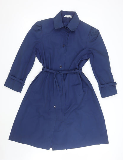Downpour Womens Blue Belted Trench Coat Size 12 Long Sleeve Classic Style