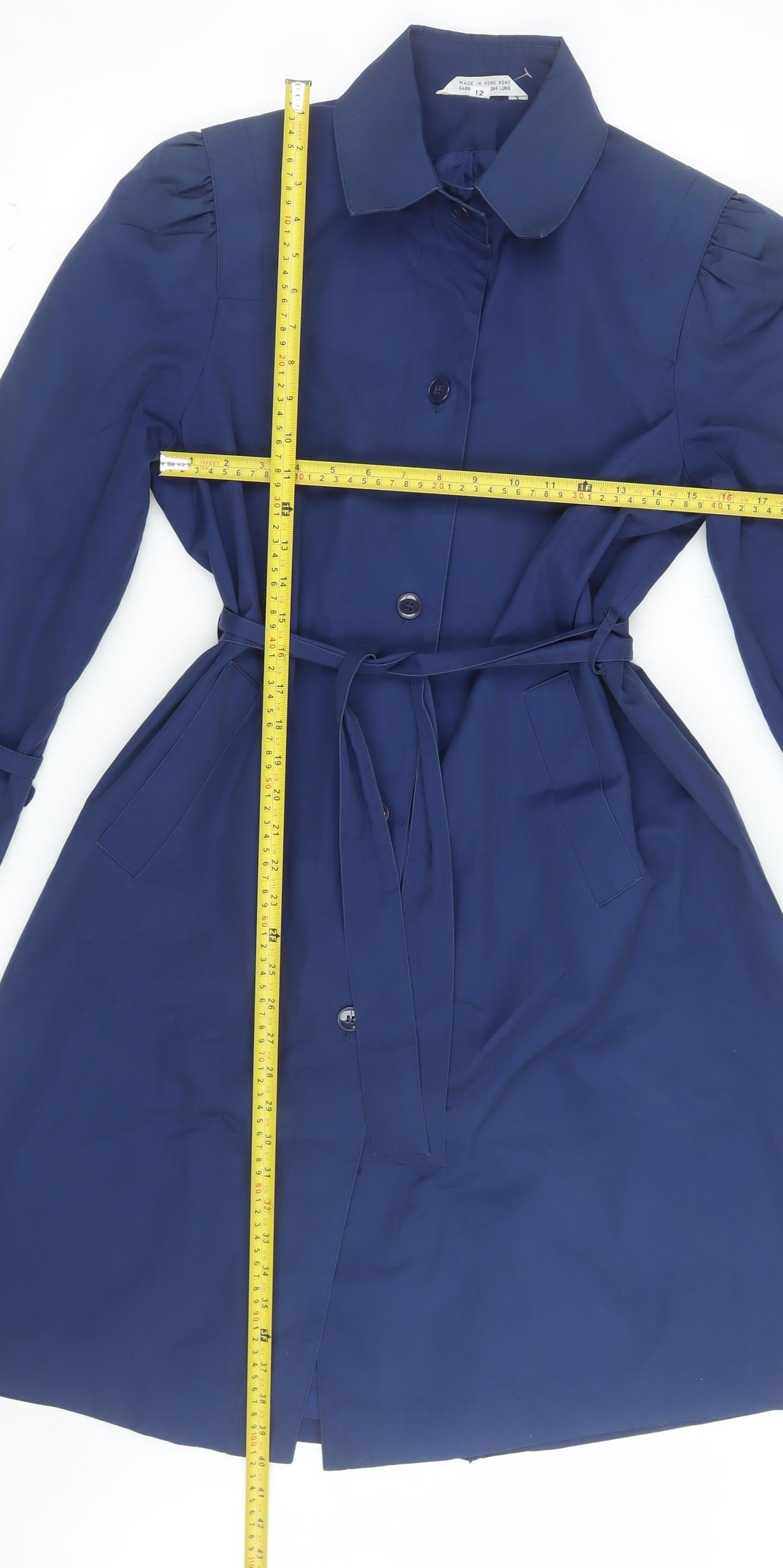 Downpour Womens Blue Belted Trench Coat Size 12 Long Sleeve Classic Style