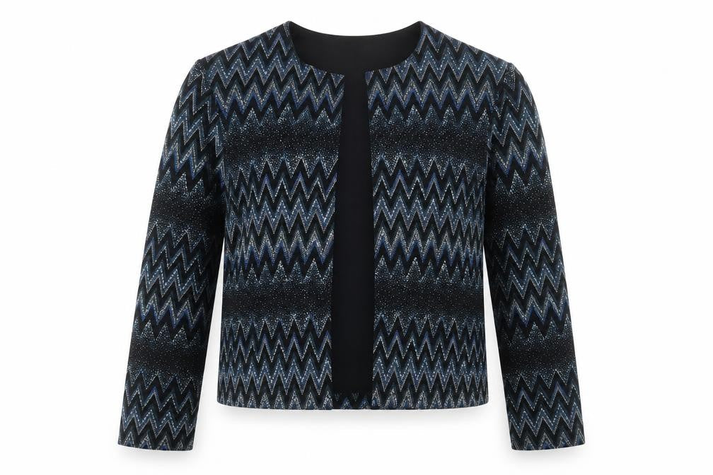 Dressbarn Women's Black Metallic Zigzag Open Front Jacket Size M