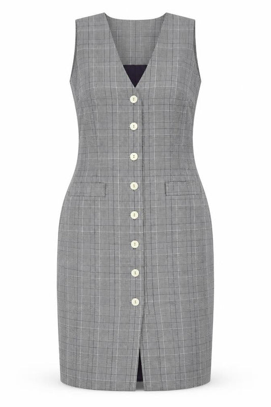 Front view of Talbots Petites Grey Check Sheath Business Dress, size 6