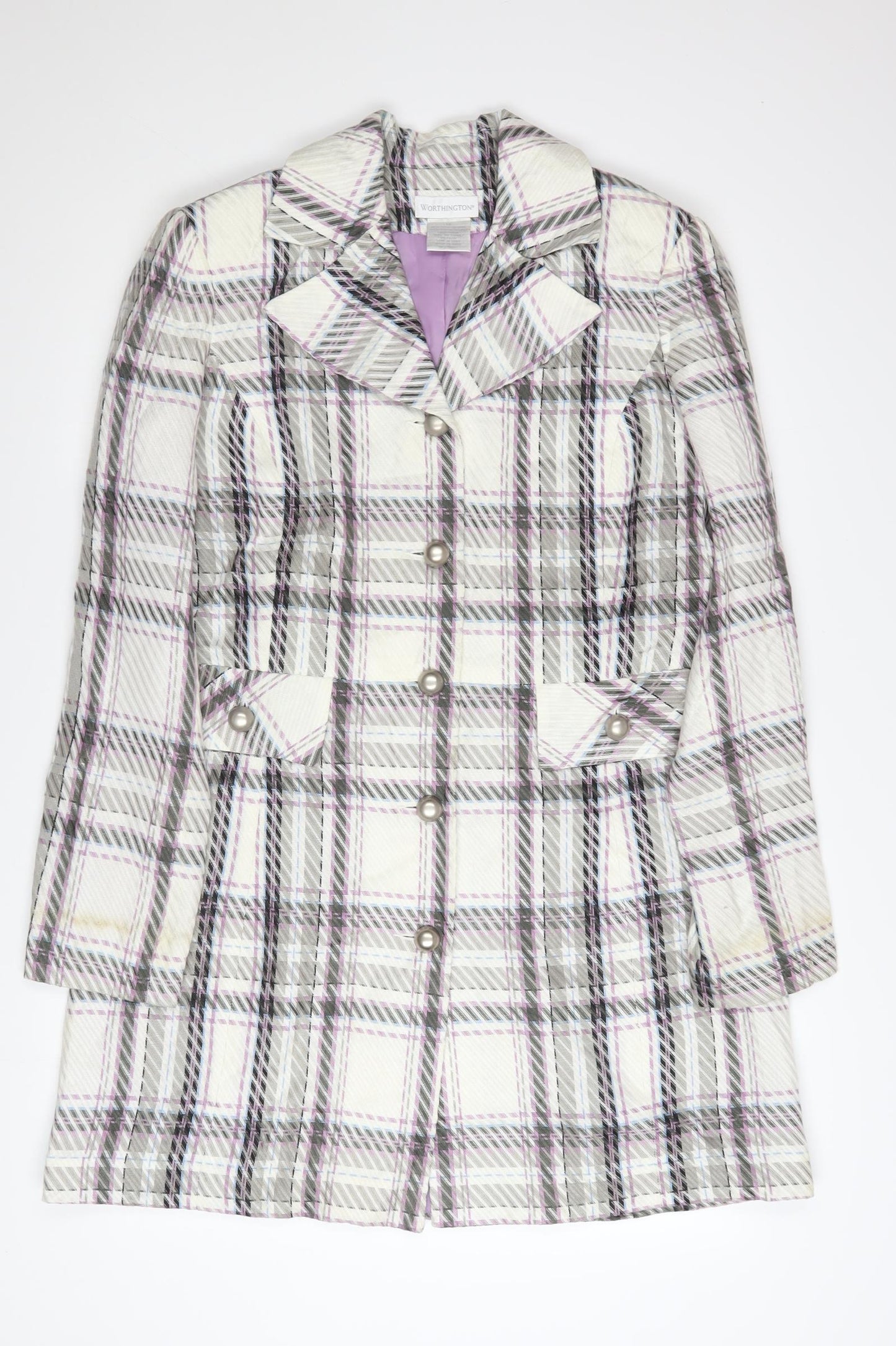 Worthington Women’s Checked Long Coat White Purple Size 12 Acrylic Blend