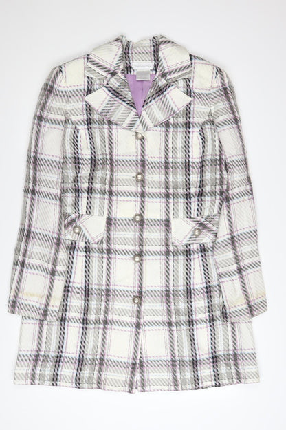 Worthington Women’s Checked Long Coat White Purple Size 12 Acrylic Blend