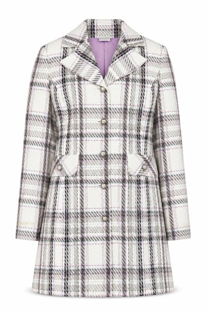 Worthington Women’s Checked Long Coat White Purple Size 12 Acrylic Blend