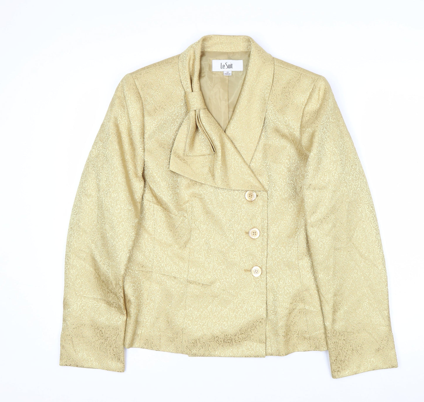 Le Suit Women's Beige Gold Jacquard Double-Breasted Blazer Size 10