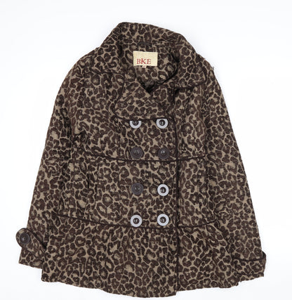 BKE Womens Brown Leopard Print Pea Coat Medium Double Breasted Autumn