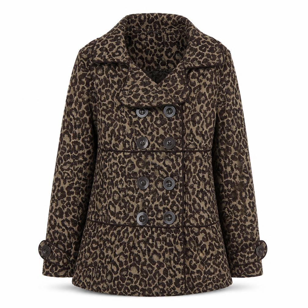 BKE Womens Brown Leopard Print Pea Coat Medium Double Breasted Autumn