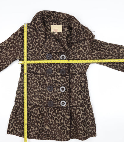 BKE Womens Brown Leopard Print Pea Coat Medium Double Breasted Autumn