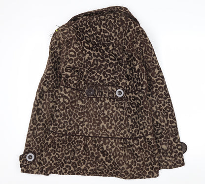 BKE Womens Brown Leopard Print Pea Coat Medium Double Breasted Autumn