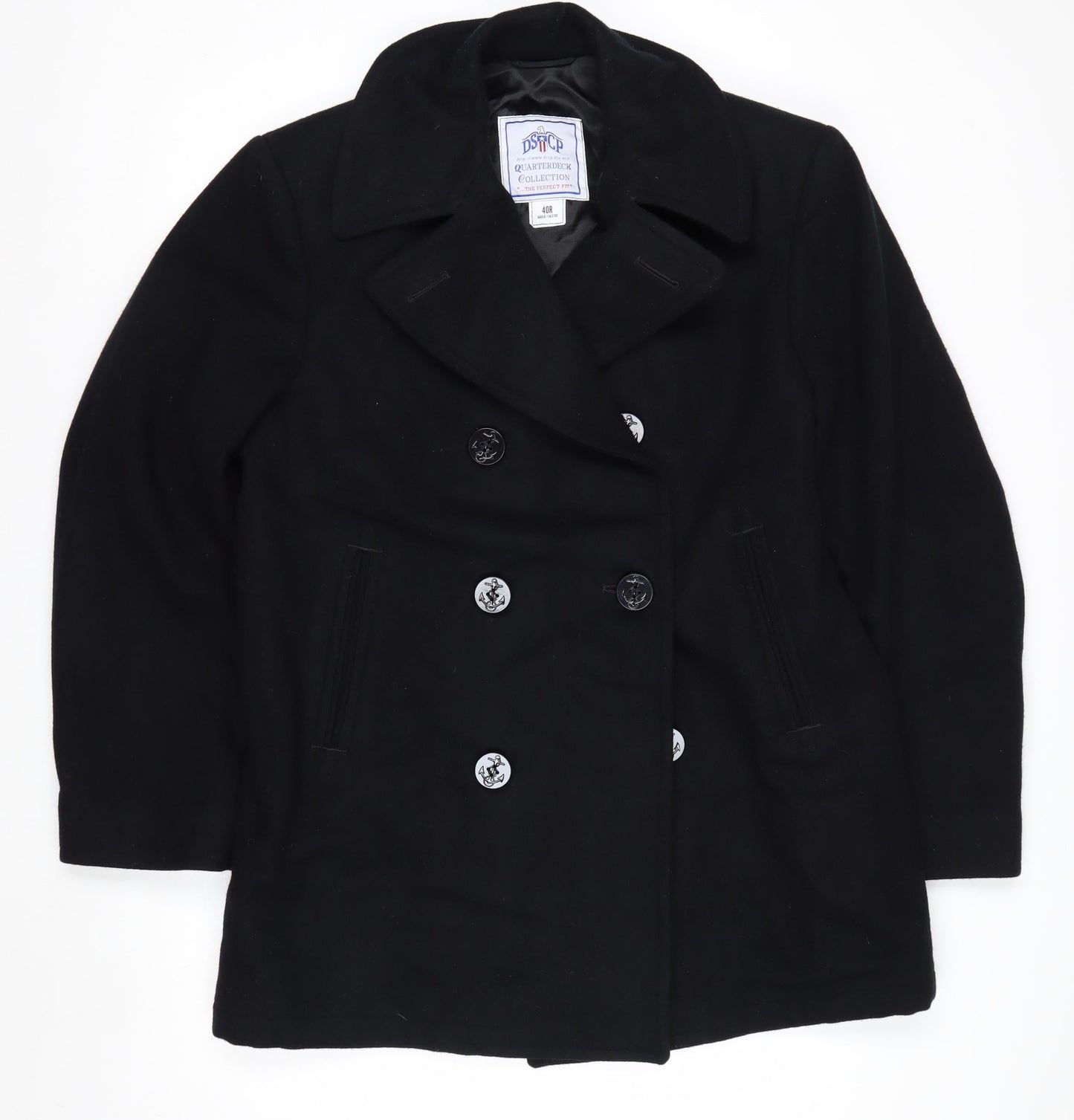 DSCP Quarterdeck Collection Mens Black 40R Pea Coat Wool Blend Classic Style