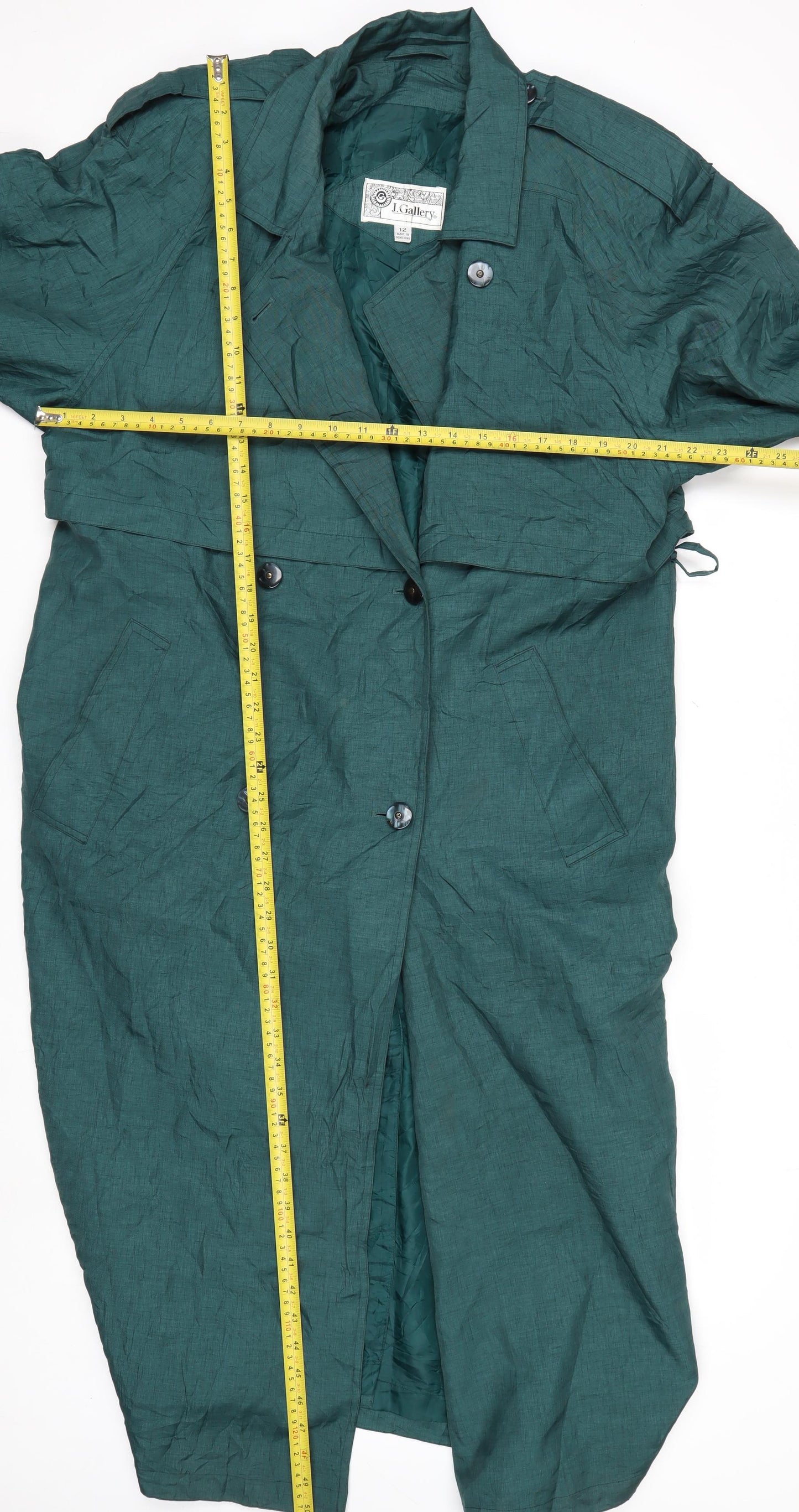 J.Gallery Women's Green Long Belted Trench Coat Size 12