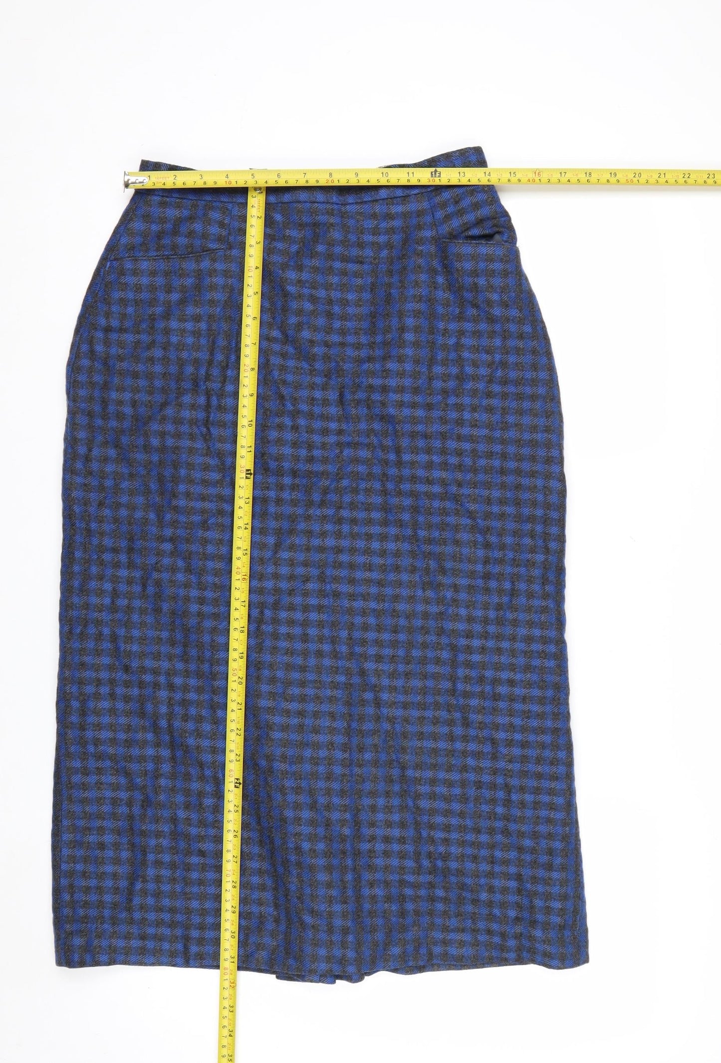 Intentions Women’s Blue Check Wool Midi Pencil Skirt Size 12