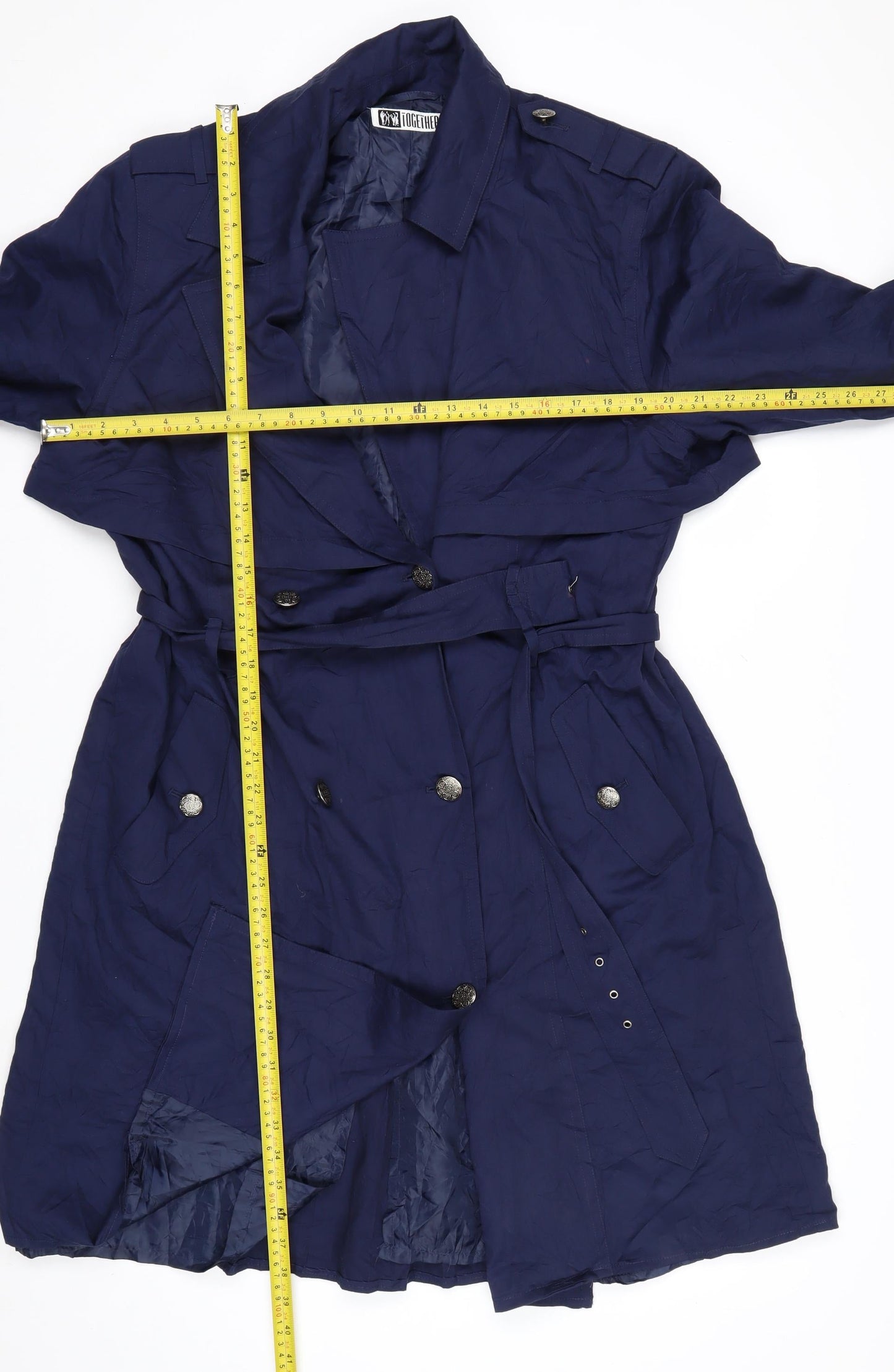 Together Women's Blue Belted Trench Coat Size 12 Classic Mid-Length