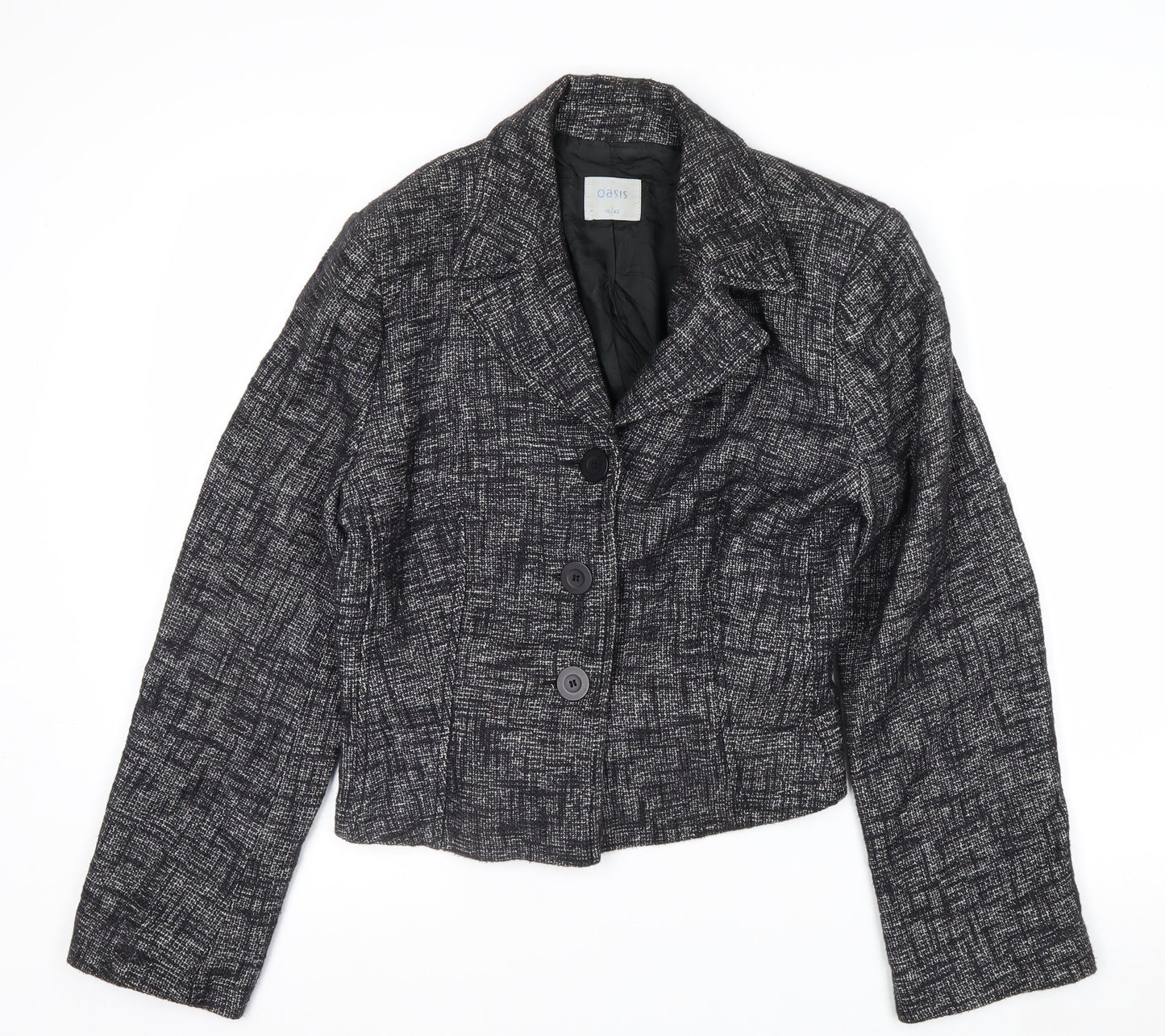 Oasis Women Black Tweed Cropped Blazer Jacket Size 16 Regular