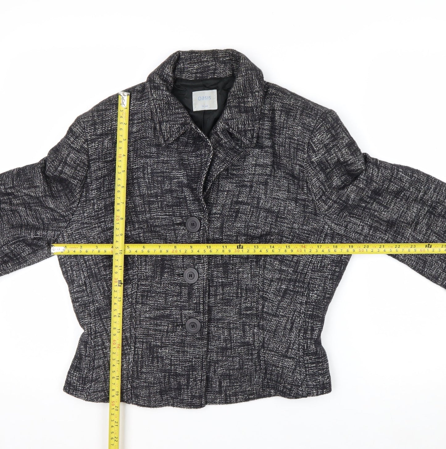 Oasis Women Black Tweed Cropped Blazer Jacket Size 16 Regular