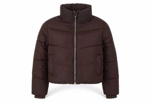 Hollister Women’s Brown Cropped Puffer Jacket Size M Quilted Zip Winter Coat