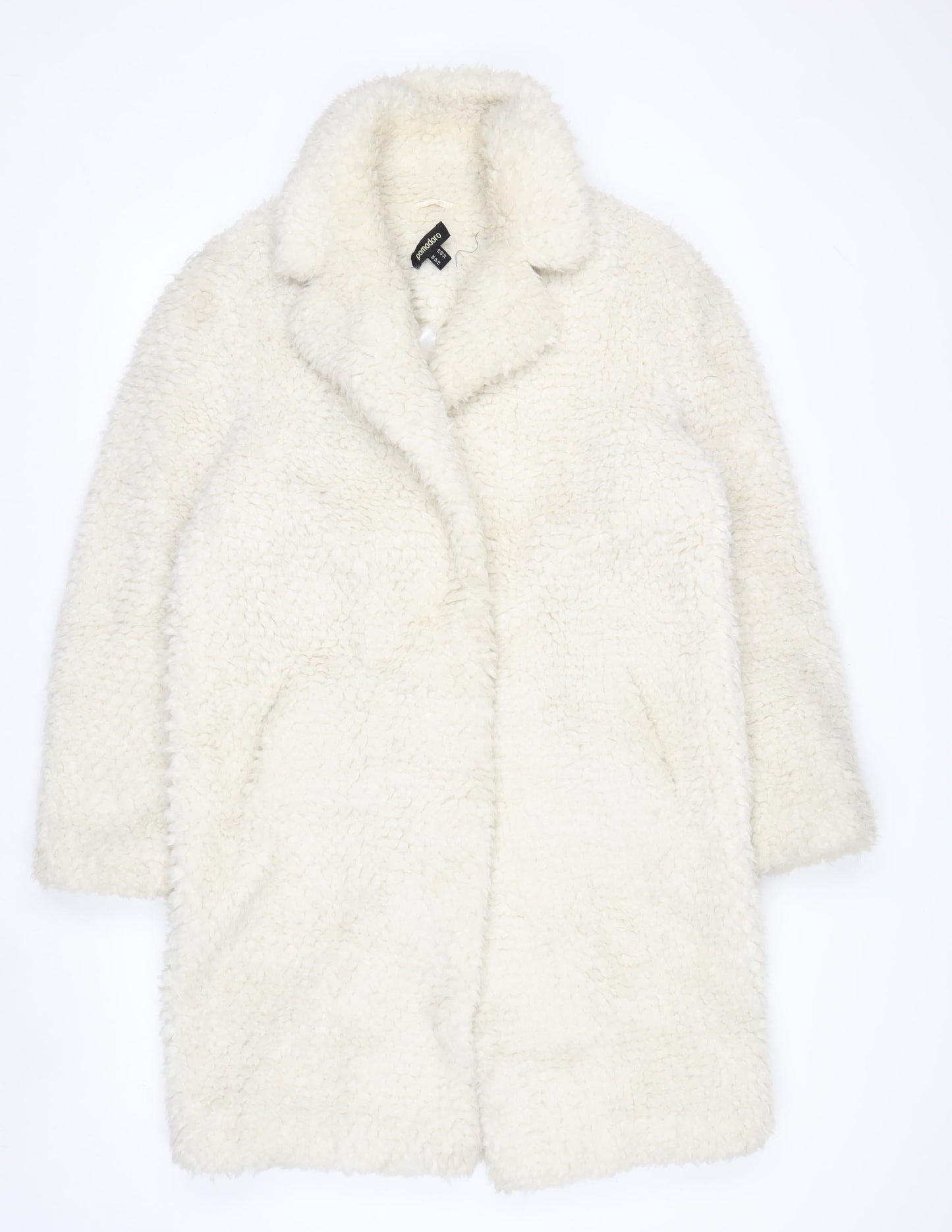 Pomodoro Womens Ivory Long Teddy Coat Size 10 Open Fleece Overcoat