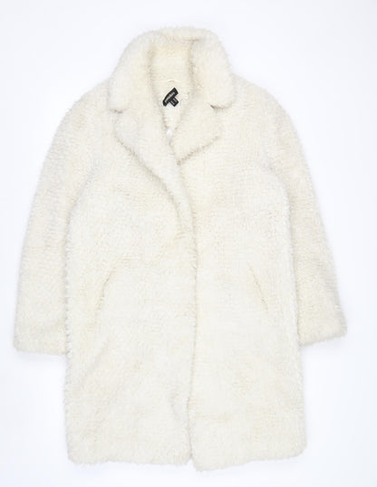 Pomodoro Womens Ivory Long Teddy Coat Size 10 Open Fleece Overcoat