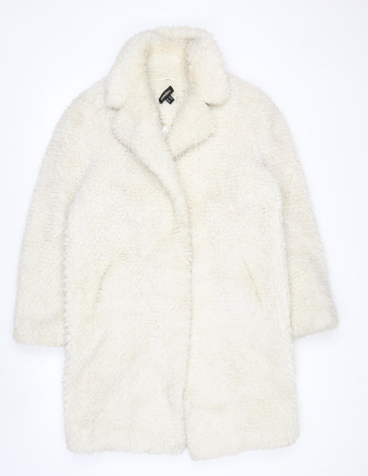 Pomodoro Womens Ivory Long Teddy Coat Size 10 Open Fleece Overcoat