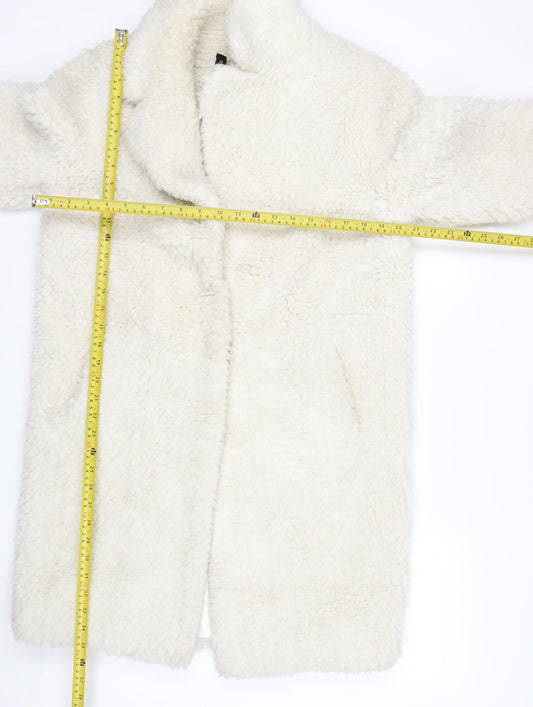 Pomodoro Womens Ivory Long Teddy Coat Size 10 Open Fleece Overcoat
