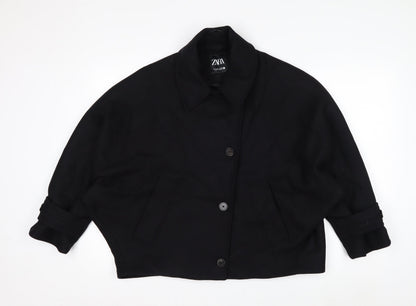 Zara Women Black Wool Blend Short Relaxed Button Jacket Size S
