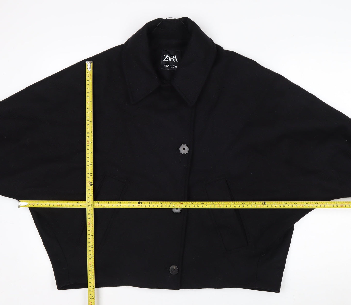 Zara Women Black Wool Blend Short Relaxed Button Jacket Size S