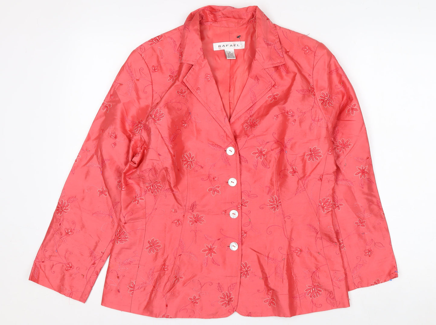 Rafael Women Pink Silk Floral Embroidered Suit Jacket Size 8