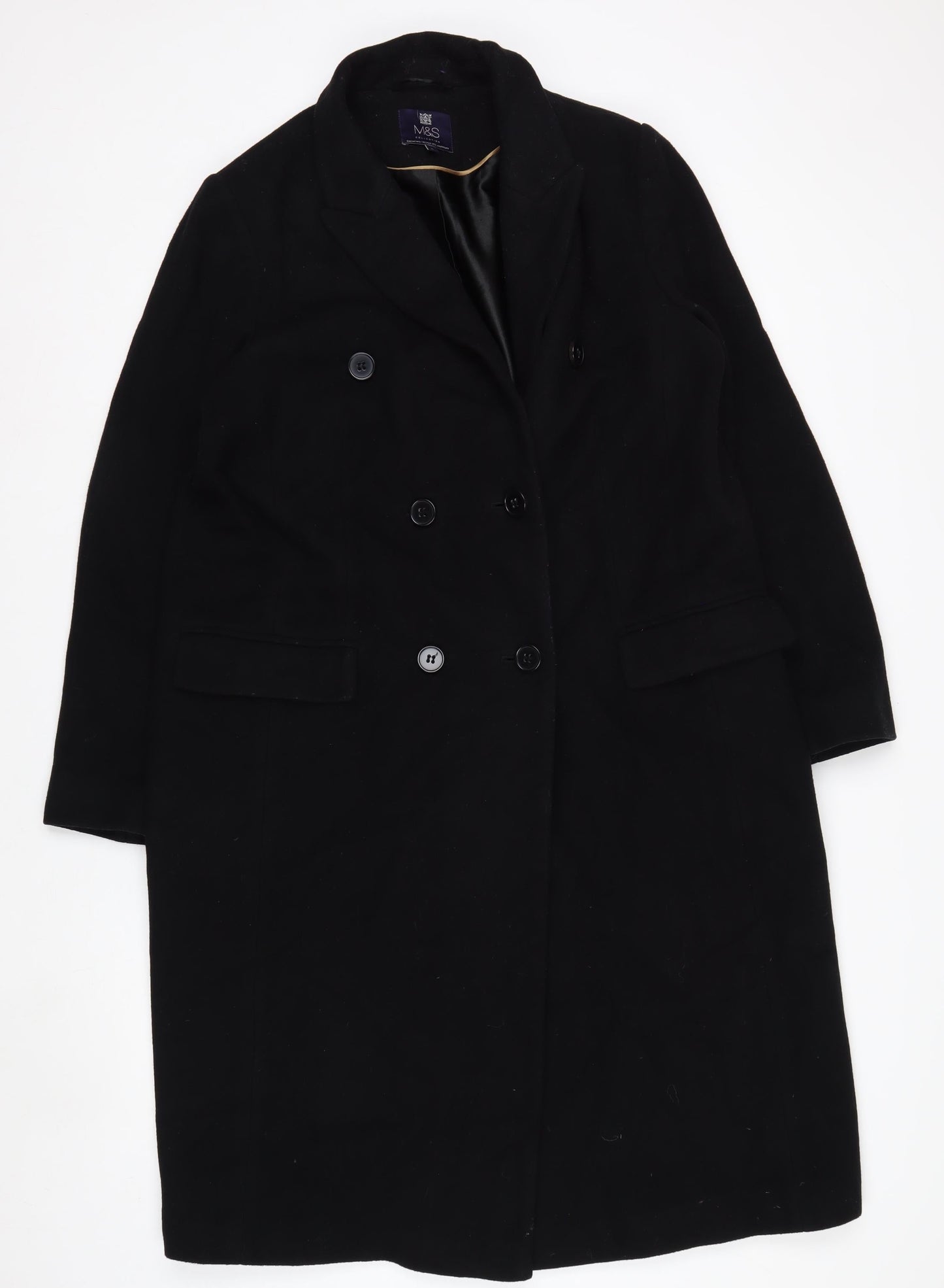 Marks and Spencer Womens Black Wool Cashmere Coat Size 16 Long Overcoat