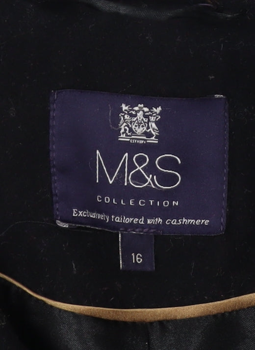 Marks and Spencer Womens Black Wool Cashmere Coat Size 16 Long Overcoat