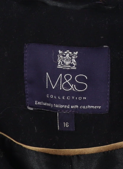 Marks and Spencer Womens Black Wool Cashmere Coat Size 16 Long Overcoat