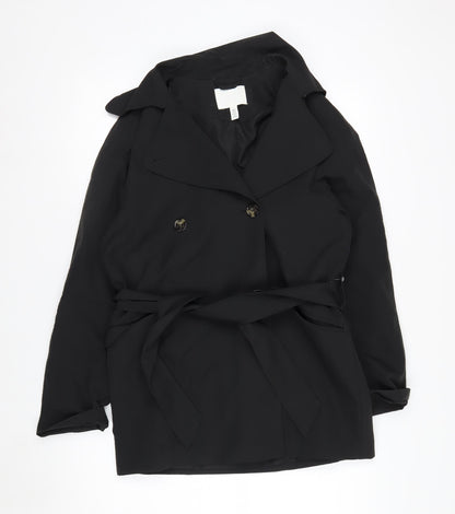 H&M Women Black XS Belted Trench Coat Polyester Classic Style
