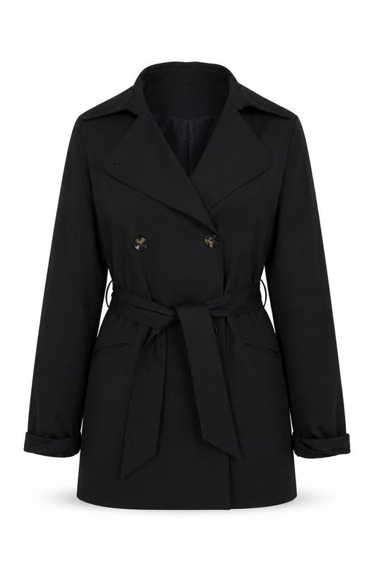 H&M Women Black XS Belted Trench Coat Polyester Classic Style