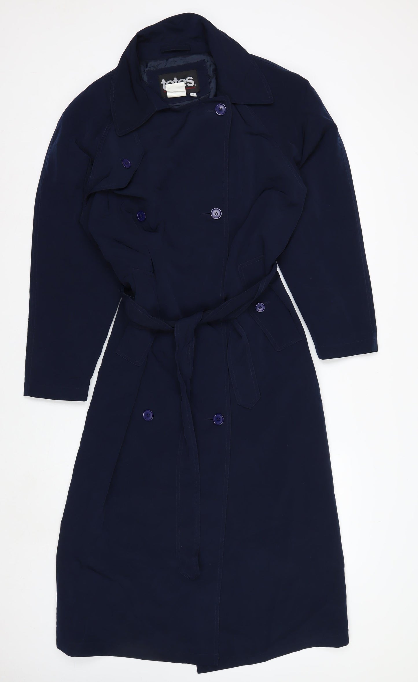 Totes Womens Blue Long Belted Trench Coat Size 10 Waterproof Classic
