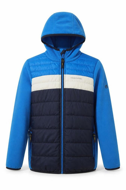 Front view of Craghoppers boys’ blue hooded puffer jacket 9-10 years fleece lined outdoor coat