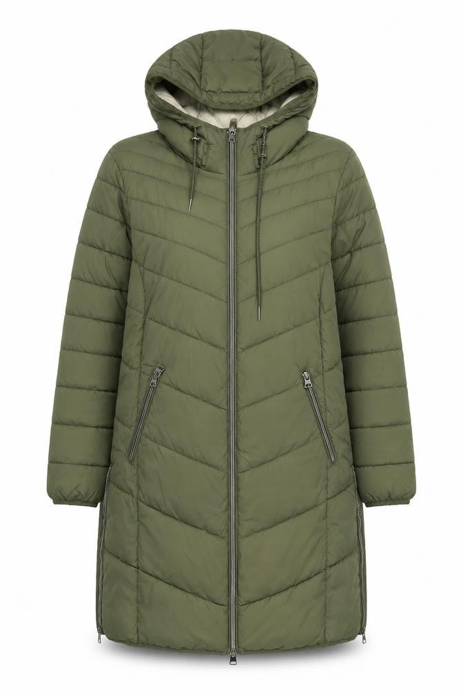 EDC Women's Green Long Hooded Puffer Jacket L Lightweight Quilted Coat